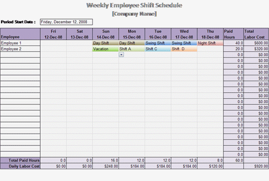 employee schedule template microsoft excel